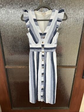 Point Sur Women's Sz. 00 100% Linen Blue & White Stripe Midi Dress